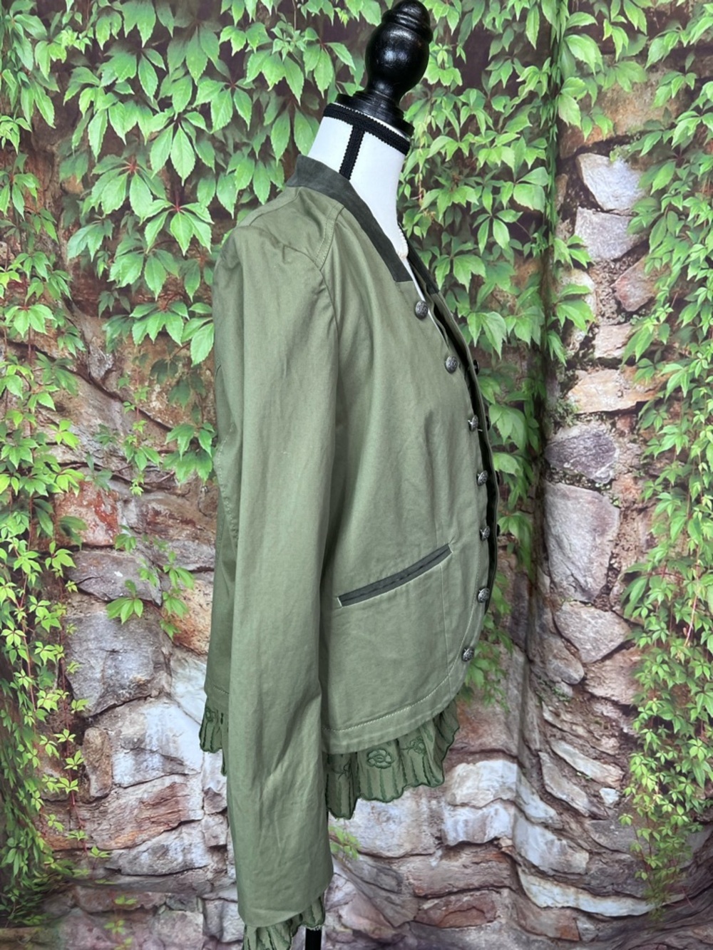 SUNDANCE Olive Ruffle Trim Boho Embroidery Military/Band Jacket, S - Picture 9 of 13